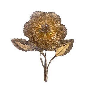Vintage Austrian West Germany Gold Tone Filagree Flower Brooch Tone